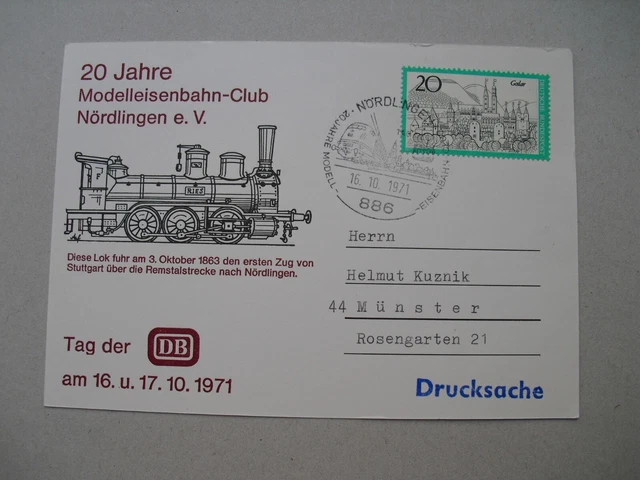 Postkarte Modelleisenbahn-Club Nördlingen gelaufen Sonderstempel 1971