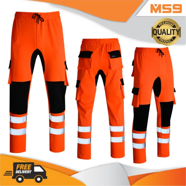 MS9 Mens Hi Viz Vis High Visibility Fleece Cargo Work Trousers Joggers H10