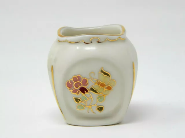 Zsolnay Hungary Hand Painted Porcelain Triangle 2" Pot Mini Bud Vase Floral Gold