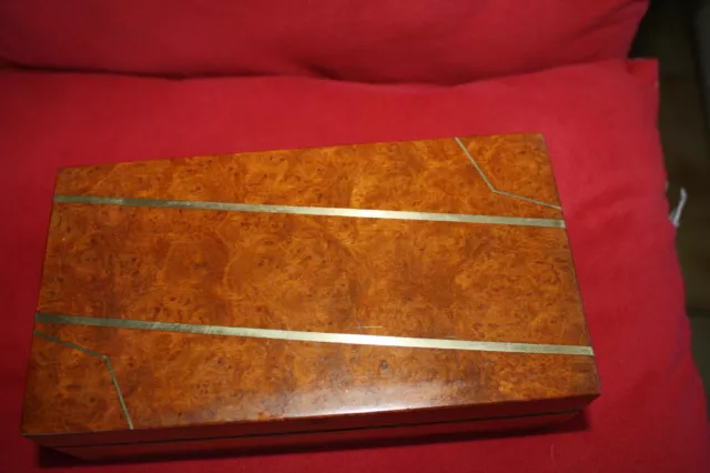 boite coffret bois orme thuya ? couvercle ronce 19 x 11 x 6 liseré métal argenté