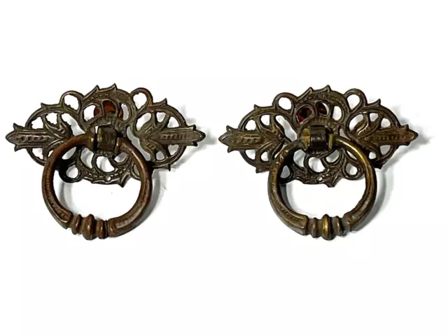 French Provincial Antique Brass Drop Ring Drawer Pull Victorian Cabinet
