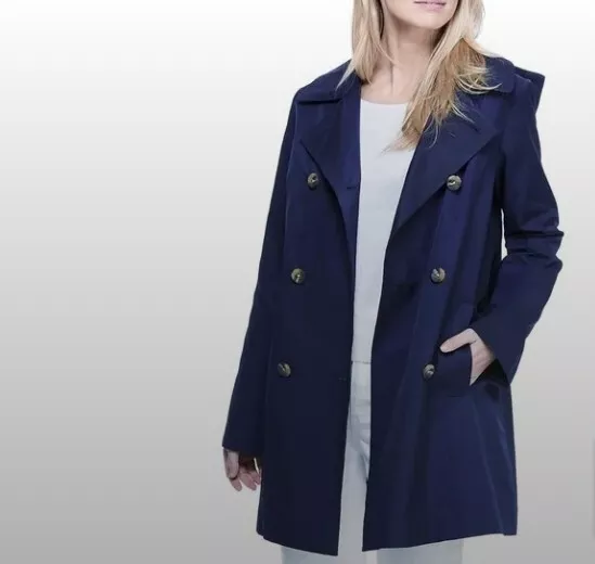 Gal Meets Glam Double-Breasted Hooded Rain Coat Trench Coat Navy Size Small