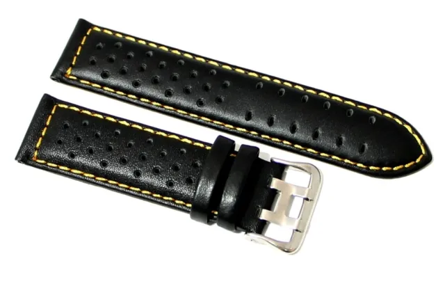 Cinturino per orologio vera pelle nero cuciture gialle fori passanti 20mm 380