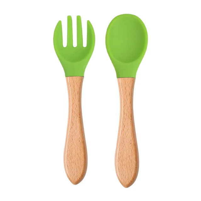 Baby Wooden Silicone Feeding Spoon Toddlers BPA-free Tableware (7) 2