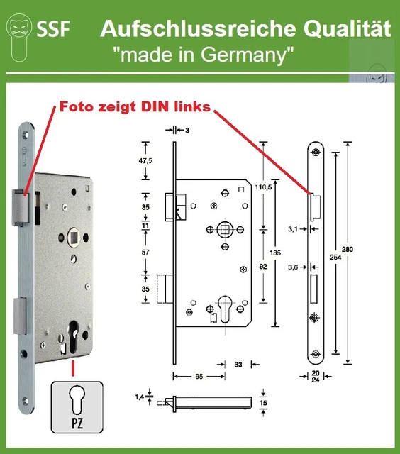 Haustür-Einsteckschloss ES 977, 20/65 mm, PZW Ausführung, Stulp rund, DIN rechts - Basi