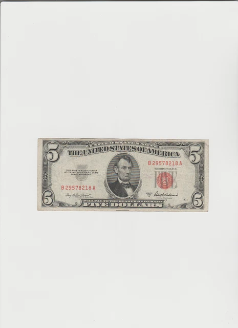 1953-A Five Dollar RED Seal Note United States Note Old US Bill $5 Average Circ