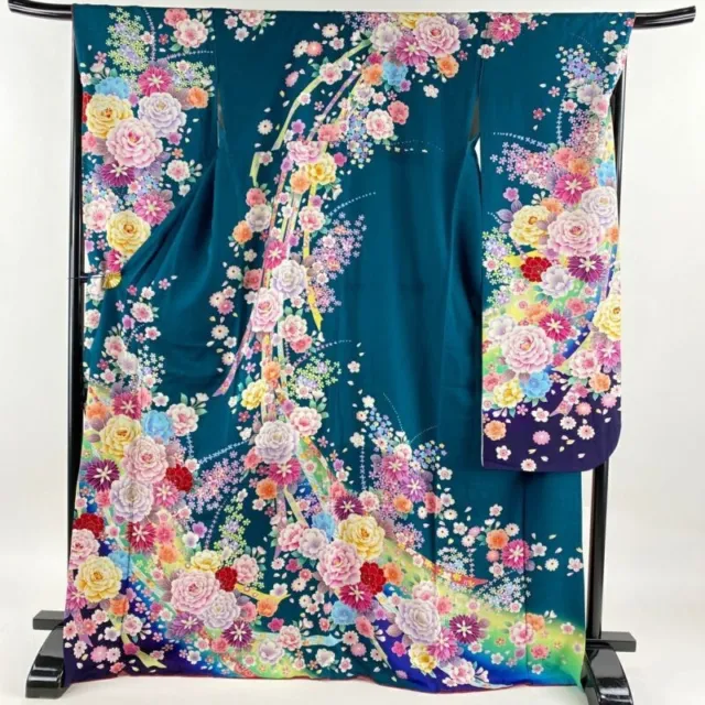 Woman Japanese Kimono Furisode Silk Peony Cherry Blossom Lame Blur Blue Green