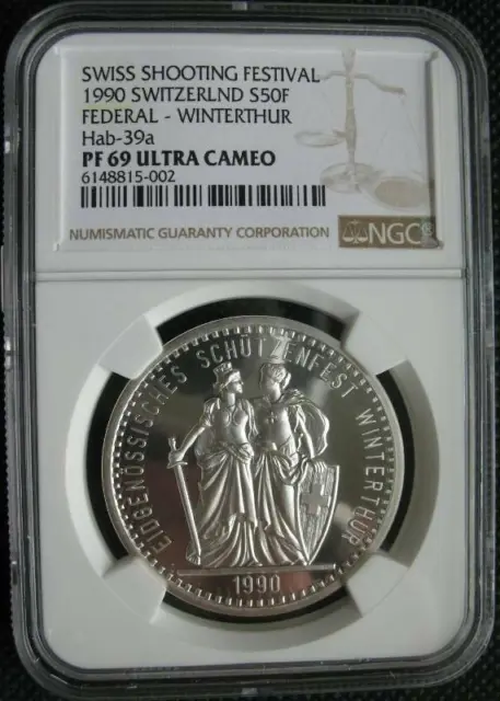 Switzerland 50 Francs 1990 Silver Proof Coin Federal Shooting Festival NGC PF69