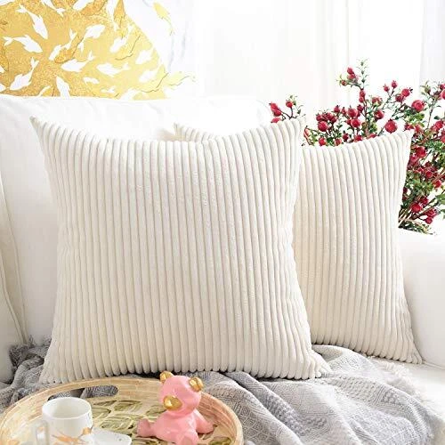 Pack of 2, Corduroy Soft Decorative Square Throw Pillow 18 x 18-Inch Cream
