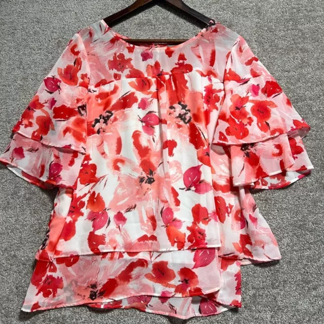 Valerie Stevens Womens Red Pink Blouse Floral Layered Bell Sleeve Size Large