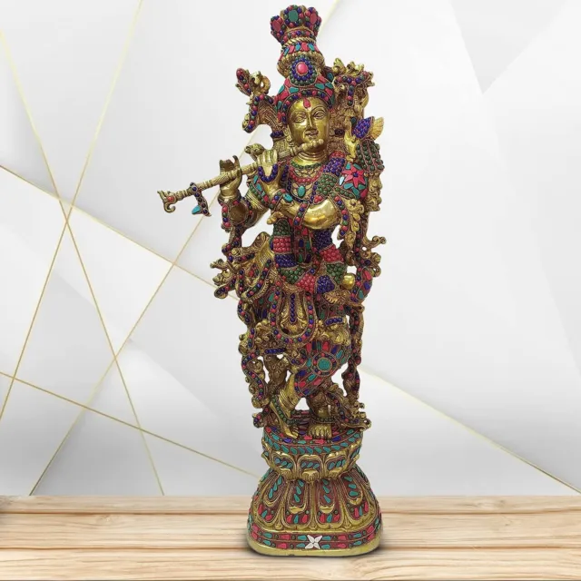 Laiton Lord Krishna Debout Jouer Flûte Statue Idol Figurine 73.7cm