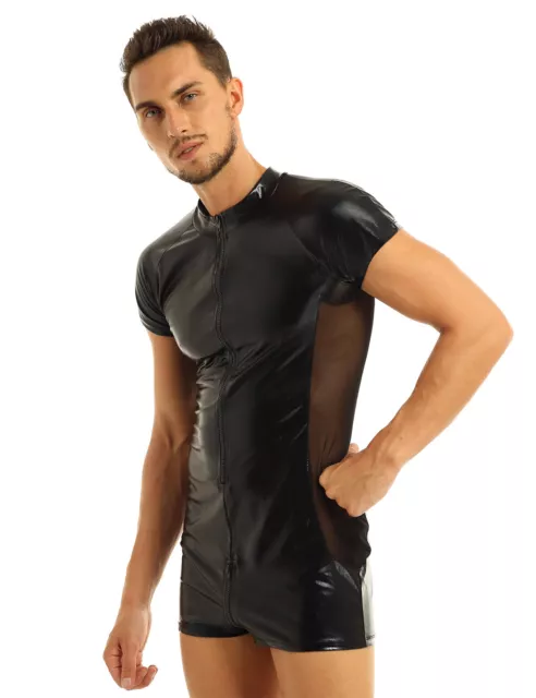 Lingerie sexy homme cuir verni look humide combinaison costume clubwear