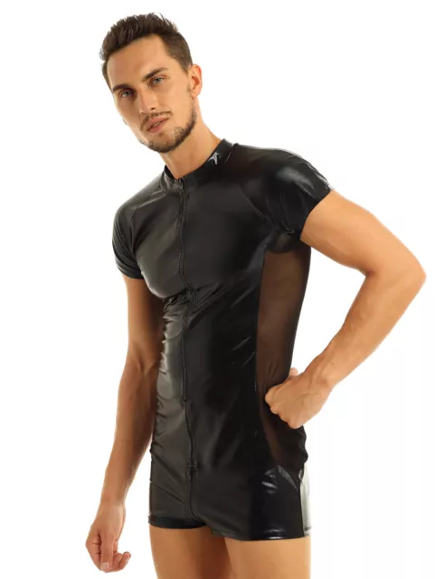 Mens Sexy Lingerie Patent Leather Wet Look Jumpsuit Bodysuit Clubwear Costume