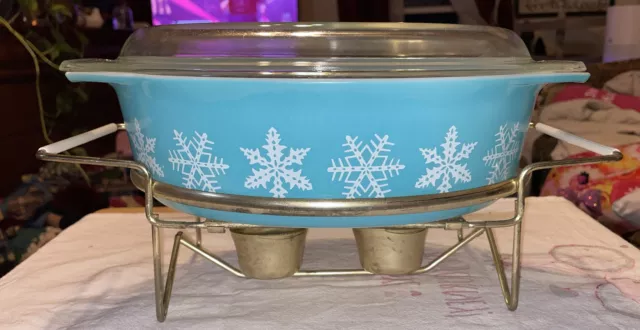 Pyrex 045 Turquoise Snowflake Casserole Dish 2.5 Quart Lid & Warmer VTG 1957