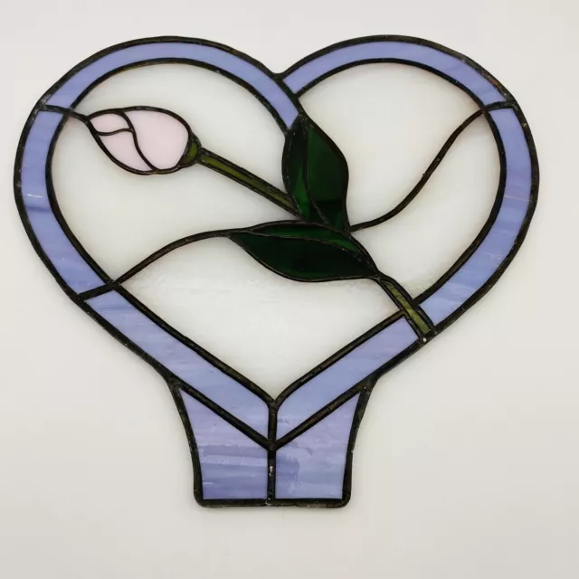 Heart Shaped Stained Glass Sun Catcher Pink & Purple With Rose Beautiful