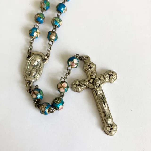 Vintage Italian Rosary Aqua Blue Cloisonne Beads Crucifix Catholic Cross Italy