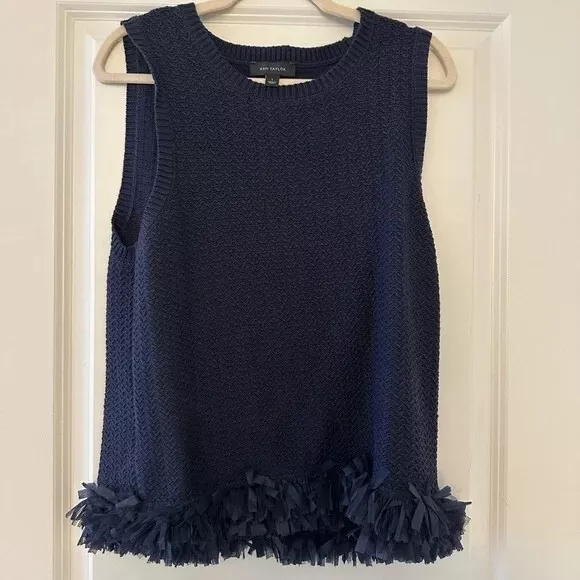 ANN TAYLOR SLEEVELESS Sweater with Fringe Detail Navy Blue Size L $45. ...