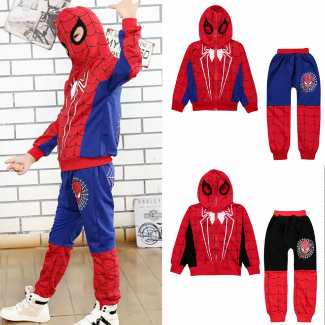 2Pcs Kids Boy Spiderman Zipped Hoodie Trousers Tracksuit Set Clothes Outfit