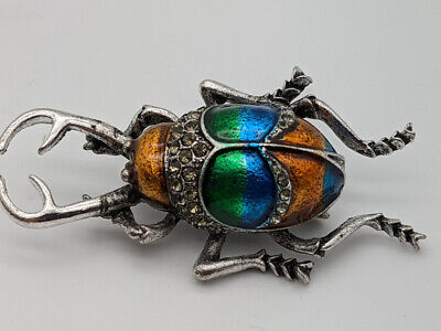 STAG BEETLE BROOCH Insect Scarab Quirky Cute Bling Bug GREEN GOLD BLUE Enamel