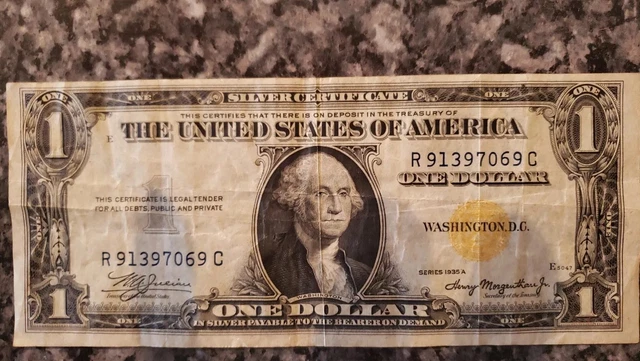 1935 Series A $1 One Dollar Silver Certificate Note, Yellow Seal. Circulated.