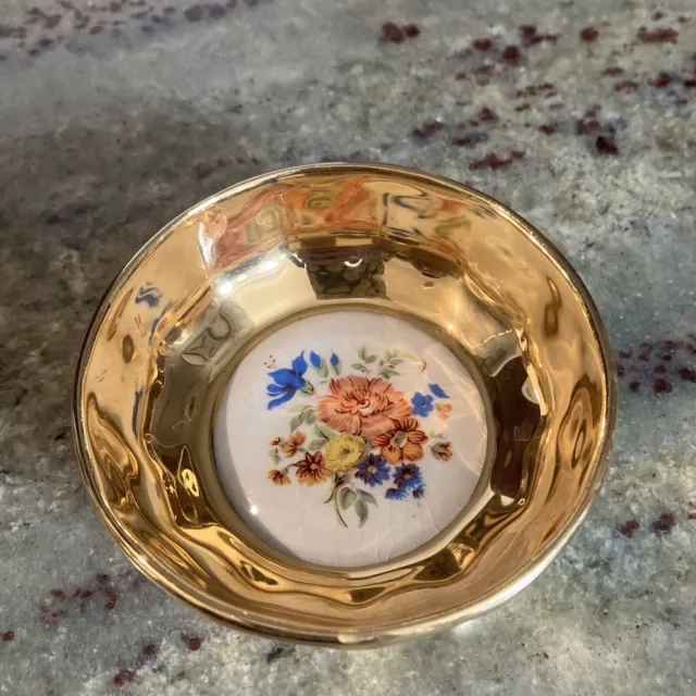 Vintage PRINKNASH POTTERY  small trinket pin dish with Bright Gold 3.2” Wide