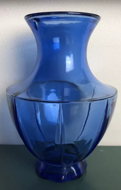 1930s Cobalt Blue Depression Glass Bulbous Footed 5 3/4" Vase Vertical Ribs