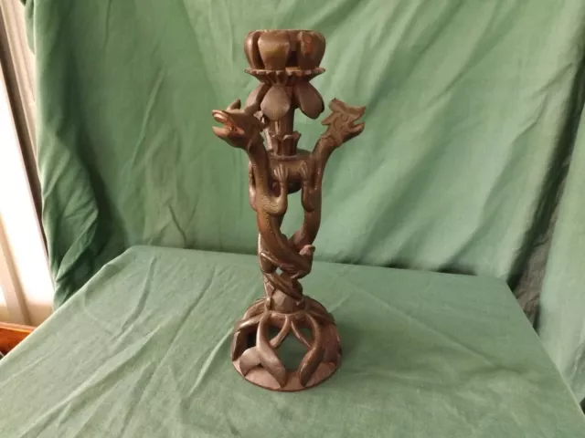 Antiguo Candelabro Madera Tallado a Mano 3 Dragones Lagartos Serpientes Trible