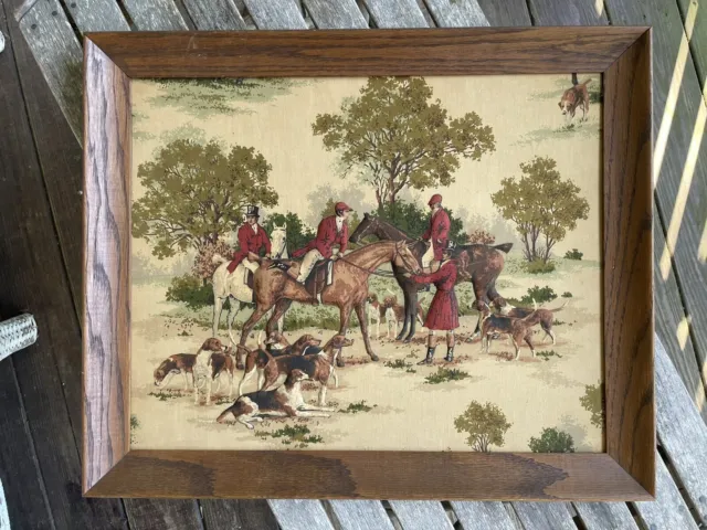 Vintage Padded Fabric Hunt Scene Horses Hounds Riders Vtg Textile Framed