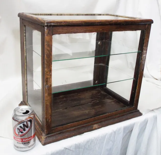 SMALL Old Antique OAK & Glass Counter Table Top DISPLAY CASE SHOWCASE 2 Shelves
