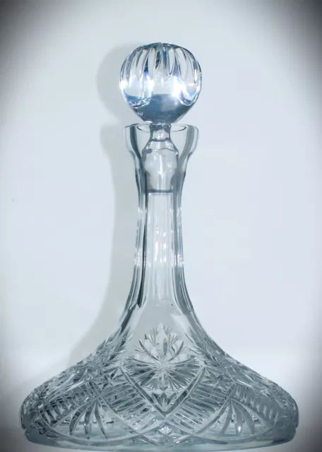 Stunning Vintage Lead Crystal Cut Glass Wide Based Ships Decanter - 30cm, 2kg