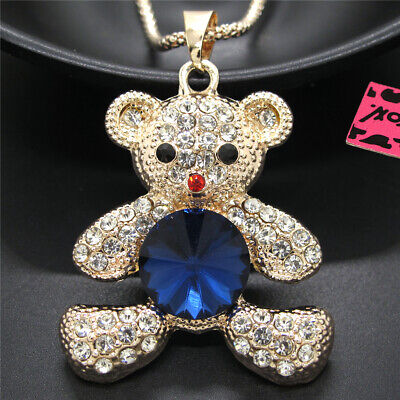 Hot Blue Crystal Bear Bling Rhinestone Betsey Johnson Long Chain Necklace Gift