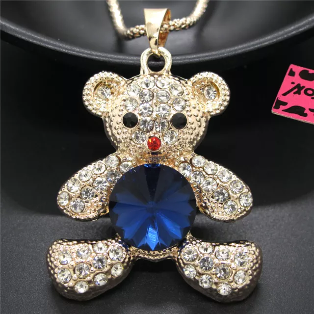 Hot Blue Crystal Bear Bling Rhinestone Fashion Women Long Chain Necklace Gift