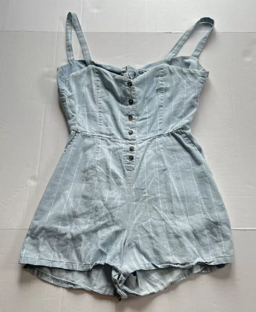 Mimi Chica Romper Womens Size S Blue Chambray Light Striped Denim Open Back Tie