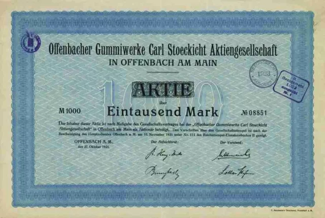 Offenbacher Gummiwerke Carl Stoeckicht Okt. 1921 Offenbach Sterbfritz 1000 Mark