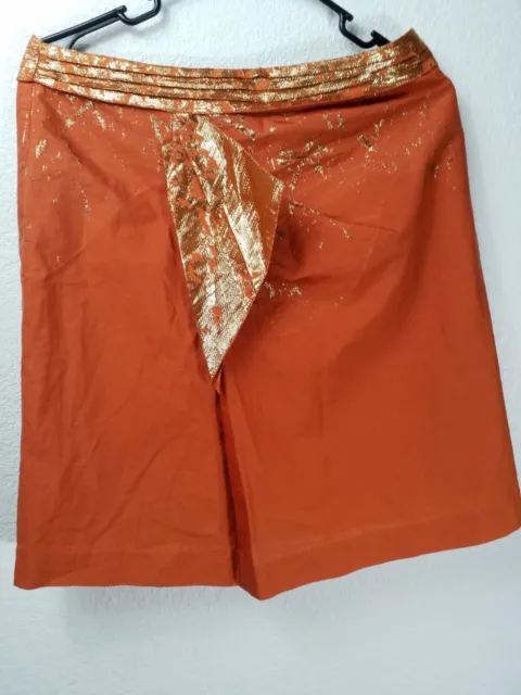 Elie Tahari Womens Skirt Side Zip Lined Flare Orange Metallic Gold Trim Size 10