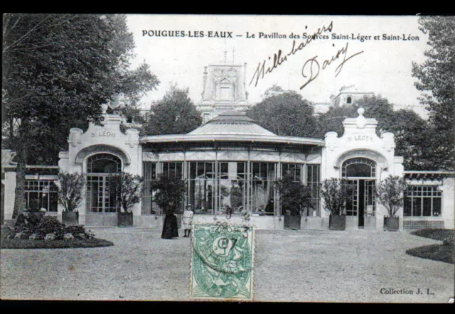 POUGUES-les-EAUX (58) PAVILLON , SOURCES ST-LEGER & LEON animées en 1907