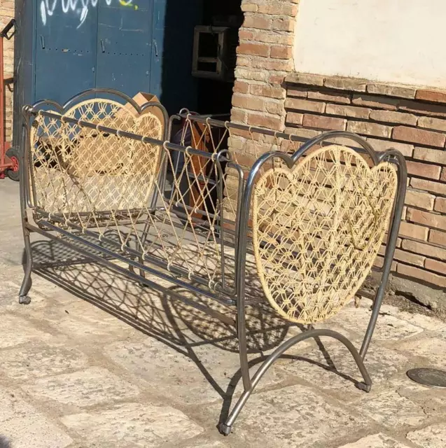 Culla lettino vintage modernariato in metallo cromato e corda design