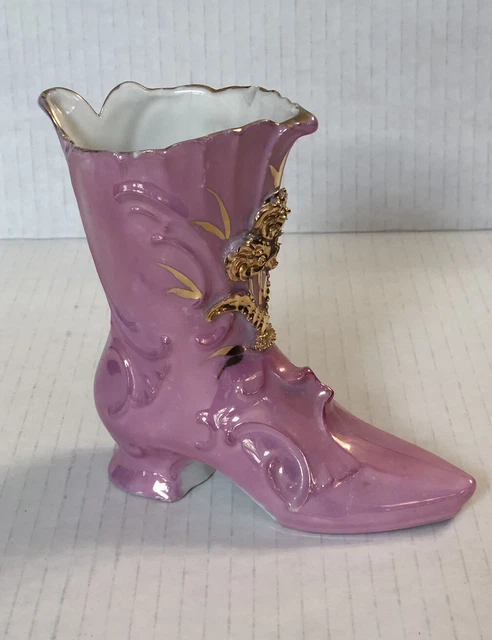 Old Victorian Lady's Pink Shoe Boot Gold Tone Flowers Porcelain Vase Decor 5”