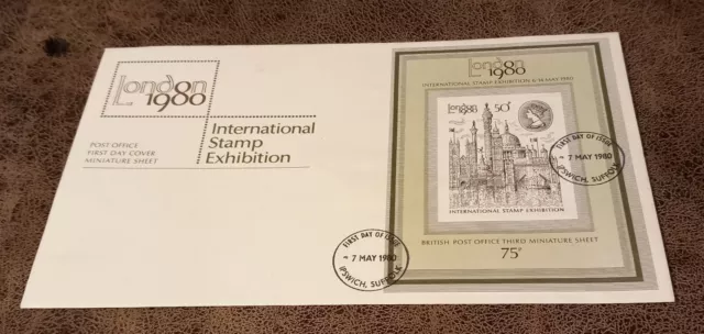 7 May 1980 London Exhibition Miniature Sheet Post Office Unaddressed Fdc Ipswich