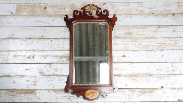 Antique Mahogany Inlaid Fretwork Mirror with Ho Ho Bird