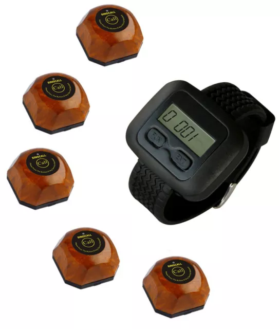 SINGCALL Wireless Hotel Paging Systems,1 Watch with 5 Wood Waiter Button Pagers