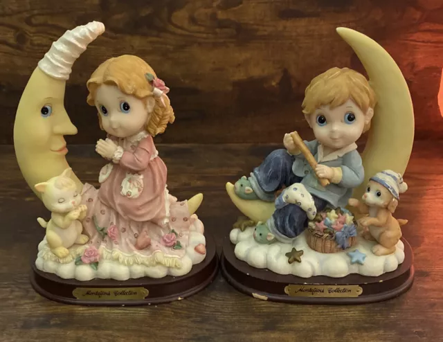 Montefiori Collection Figurine Boy Girl Praying Bedtime Moon Puppy Cat 8” Rare!