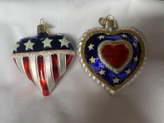 2 Vintage Old World Christmas Patriotic Glass Heart Ornaments Glitter