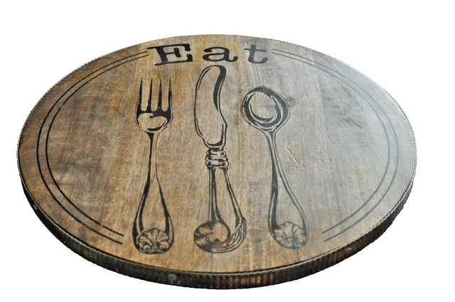 Mud Pie 16" Turntable Wood Bistro Lazy Susan EAT Corrugated Metal Trim