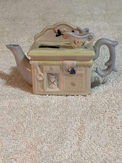 Vintage Mini Porcelain Kitchen Cabinet Stove Top Shaped Tea Pot READ