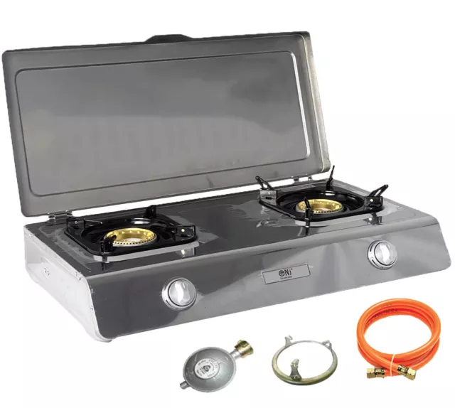 NSD-2C Edelstahl Gaskocher 2 flammig mit Deckel 9 KW Zündsicherung Campingkocher