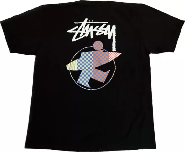 Vintage Stussy T-shirt Surfman Checker Tee Black Men’s Large Surf Beach Rare EUC