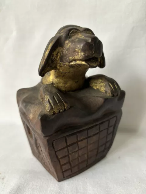 Vintage hand carved folk art wooden dog in basket figure statue