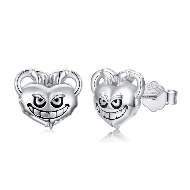 Sterling Silver Cute Novelty Heart Shape Demon Stud Earrings Halloween Jewelry