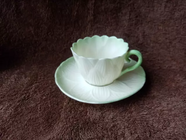 Belleek Second Black Mark Green High Lily Cup & Saucer c.1891-1926